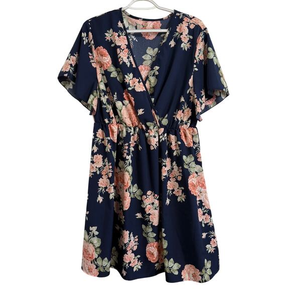 SHEIN Curve 1x Dark Blue Floral Dress Women Knee Shin Length Plus Size Gown - Picture 1 of 4